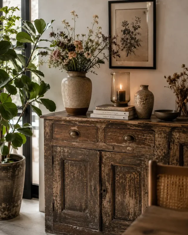 vintage houten kast met keramiek en bloemen