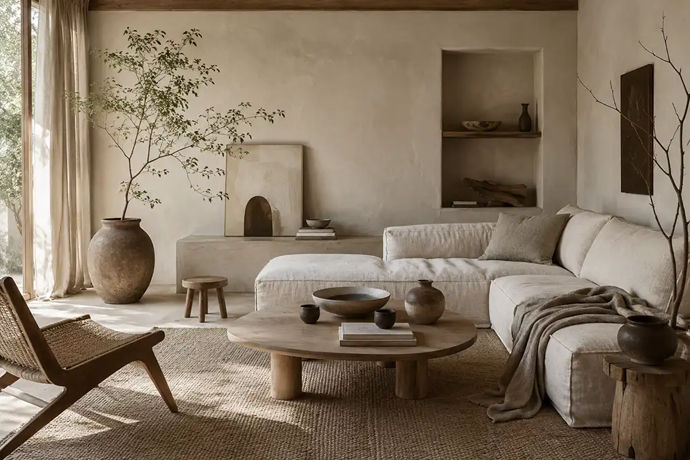 wabi sabi interieur met natuurlijke materialen rustige kleuren en een warme uitstraling