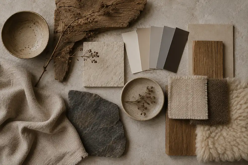 wabi sabi kleuren en natuurlijke materialen zoals hout linnen en natuursteen
