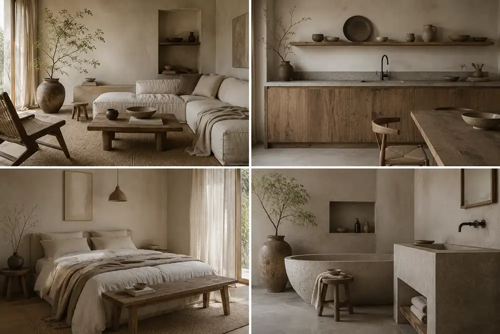 wabi sabi toegepast in woonkamer keuken slaapkamer en badkamer