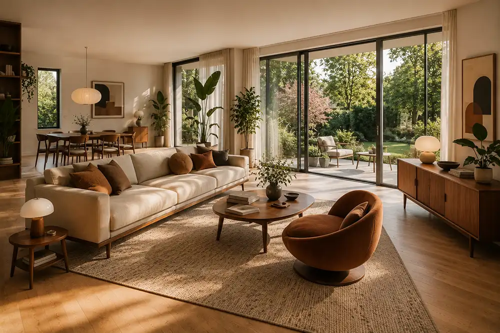 warme open woonkamer in mid century modern stijl
