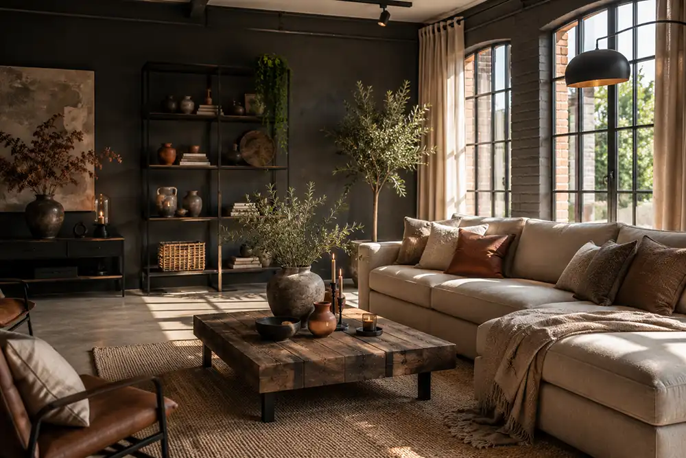 woonkamer met donkere kleuren en zachte beige accenten