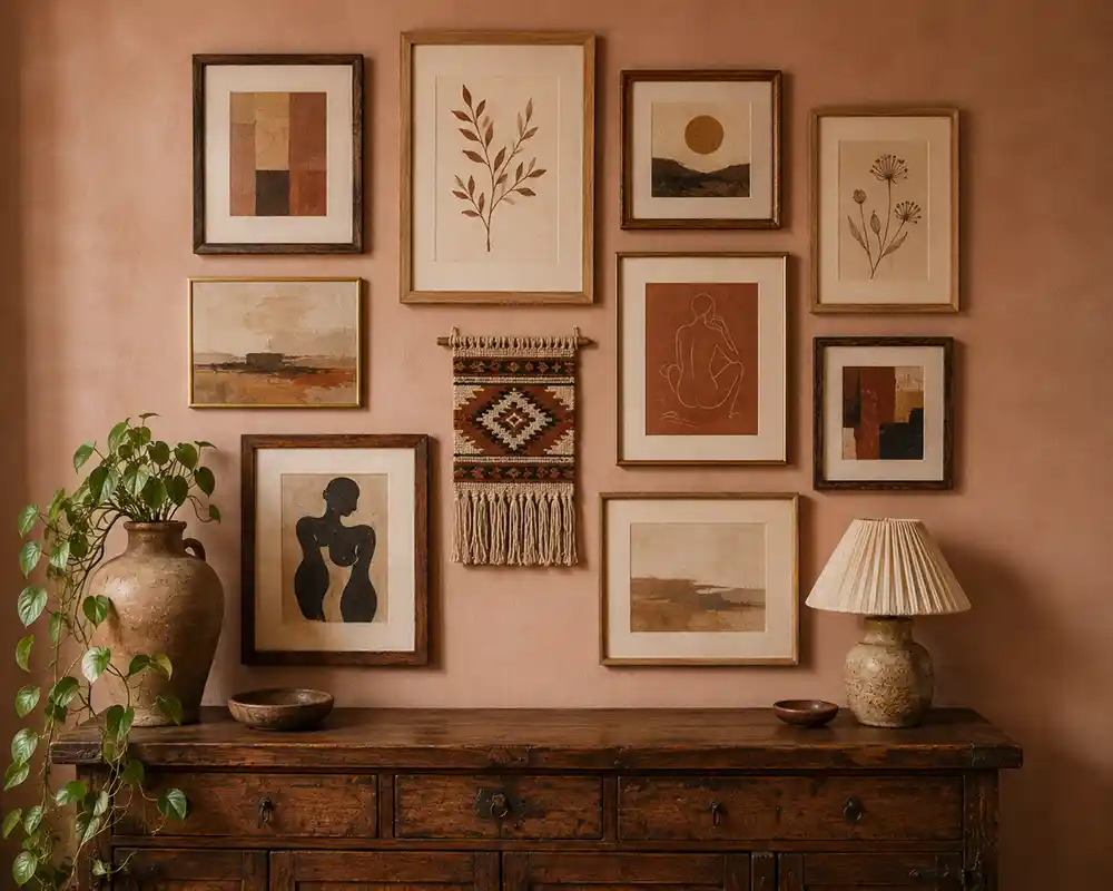 bohemian galerijwand met kunst hout en geweven decoratie