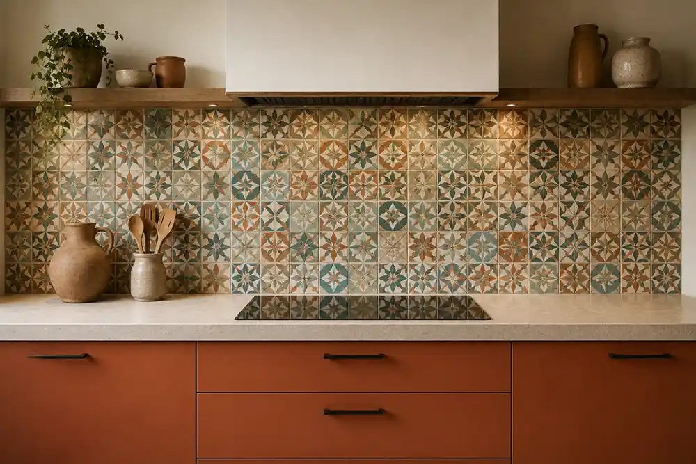 bohemian keuken met kleurrijke achterwand en terracotta kasten