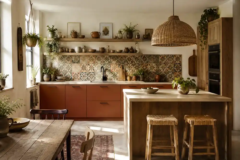 bohemian keuken met terracotta hout en kleurrijke tegels