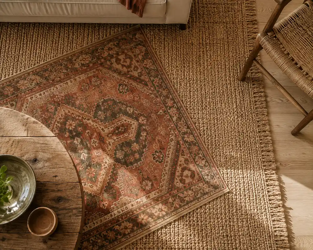 bohemian vloerkleden over elkaar met jute en gekleurd patroon