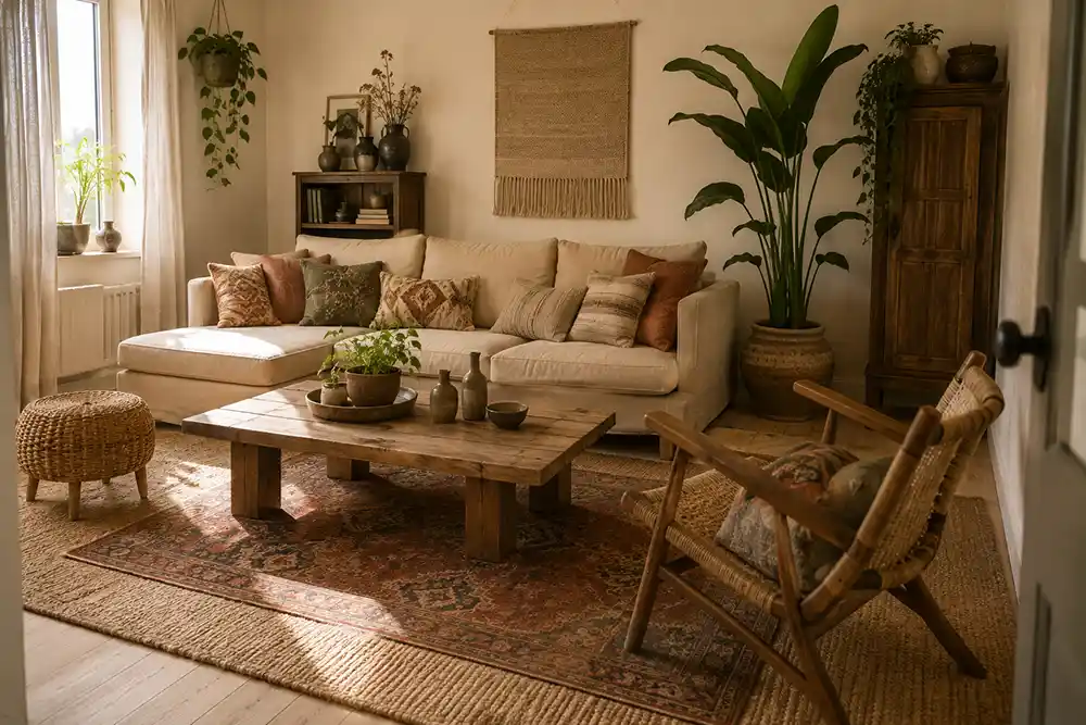 bohemian woonkamer met vloerkleden textiel hout en planten