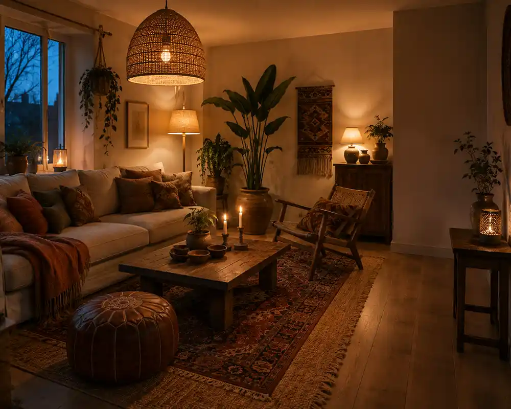 bohemian woonkamer met warme verlichting textiel en planten