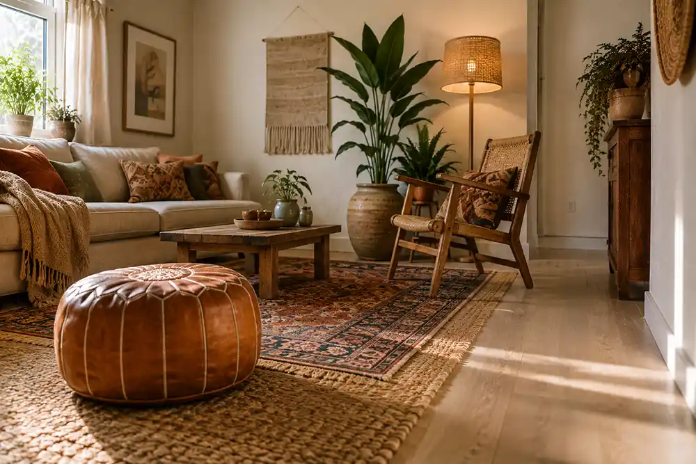 bohemian zithoek met meubels en planten op verschillende hoogtes