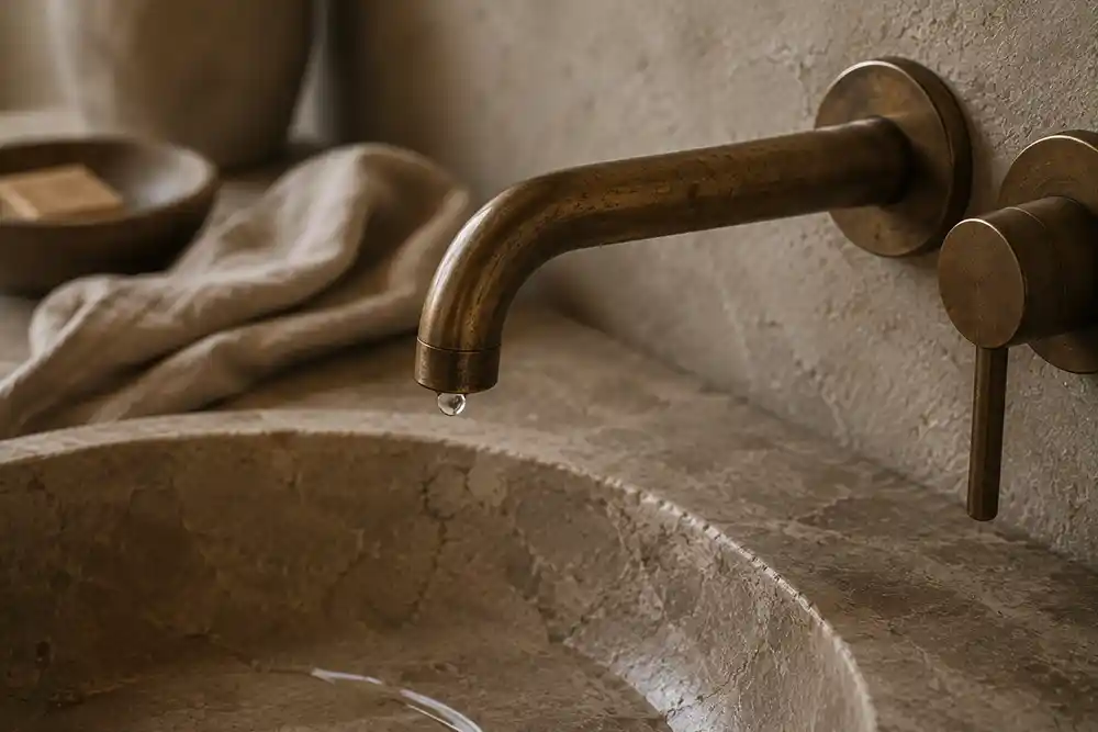 bronzen badkamerkraan met natuurlijke patina en natuursteen