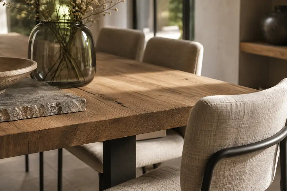 combinatie van hout natuursteen linnen glas en metaal