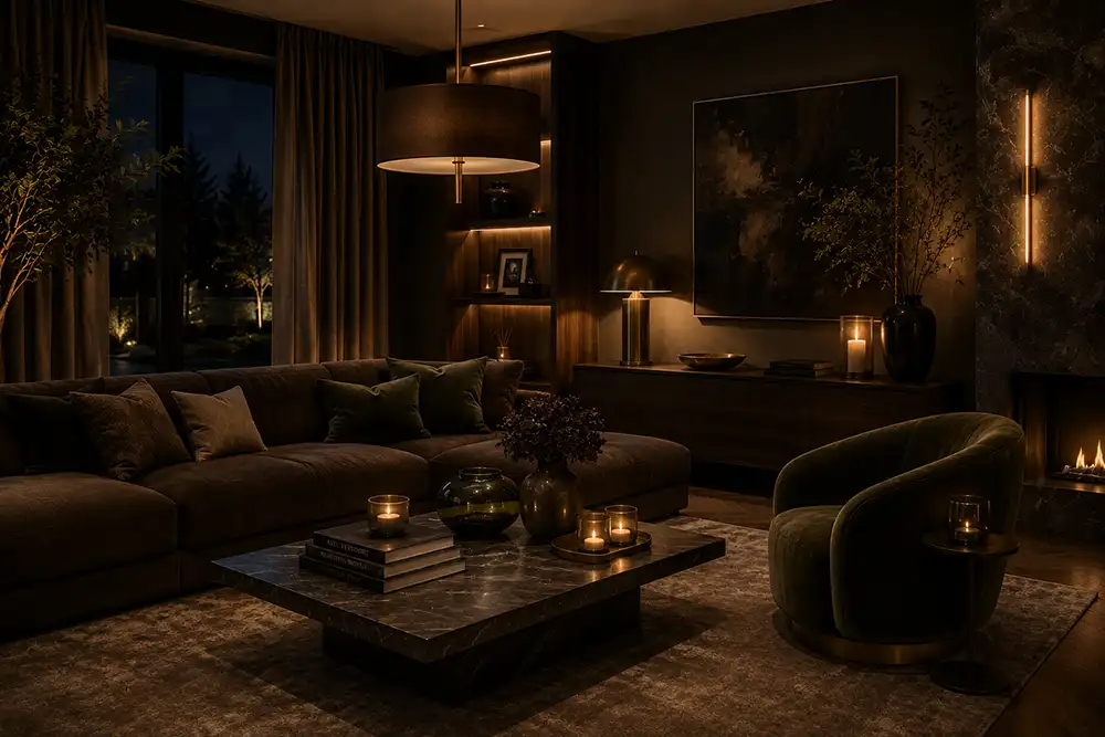donkere hotel chique woonkamer met warme sfeer