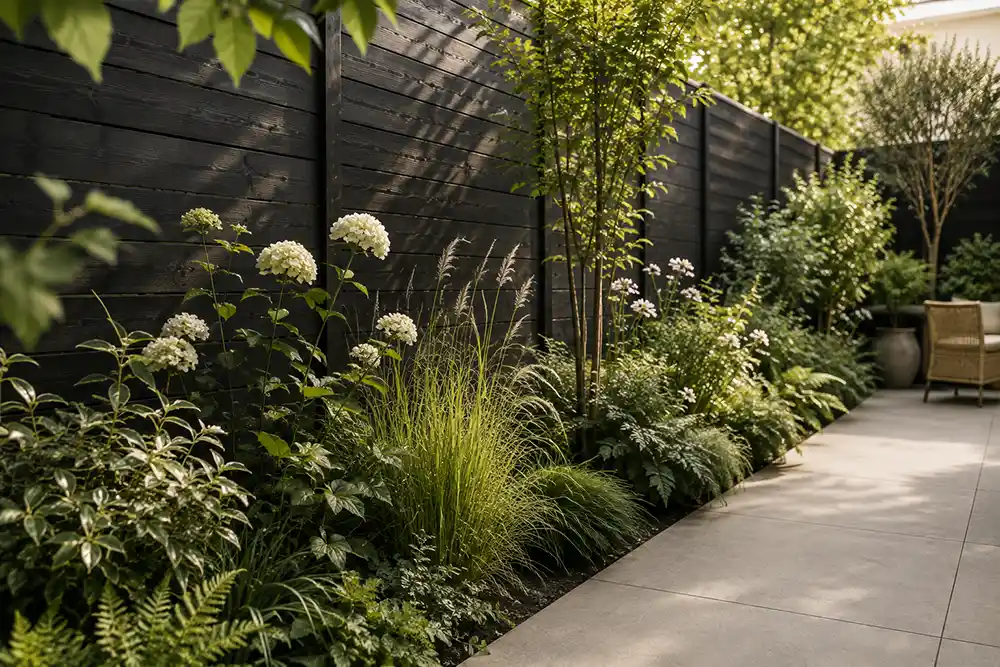 donkere schutting met groene beplanting in kleine tuin