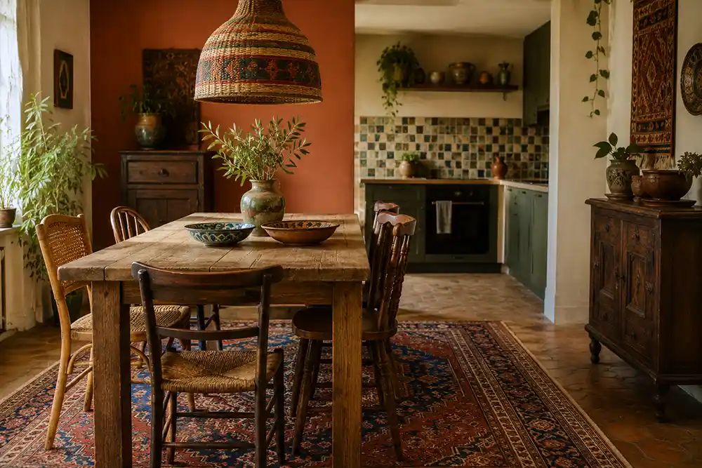 global bohemian eethoek met hout kleur en verschillende patronen
