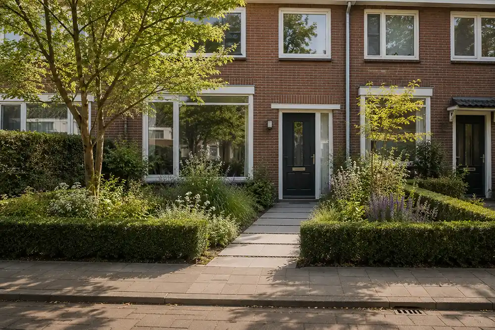 groene voortuin met duidelijk pad naar de voordeur