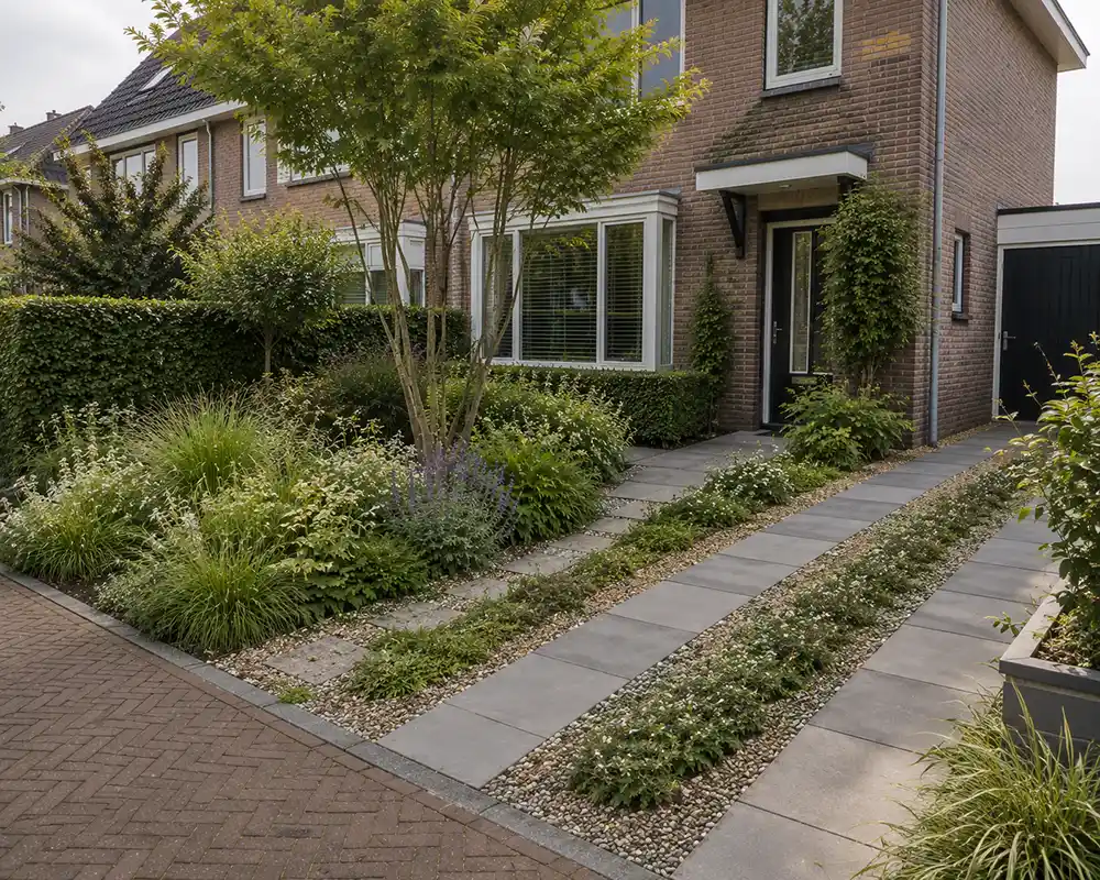 groene voortuin met waterdoorlatende oprit en beplanting