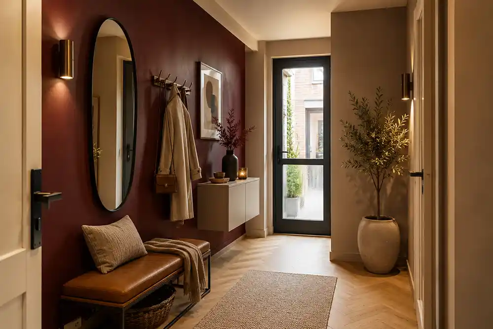 hal met bordeaux cognac en warme neutrale kleuren