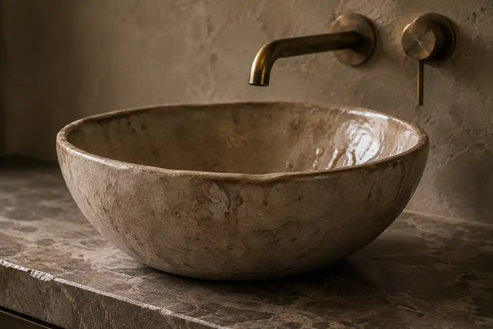 handgemaakte keramieken waskom in wabi sabi badkamer