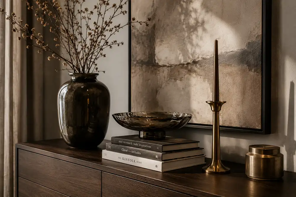 hotel chique accessoires op houten dressoir