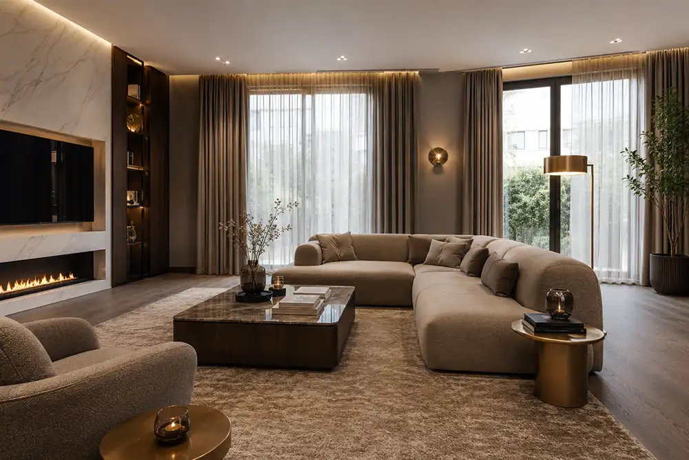 hotel chique woonkamer met warme kleuren en zachte materialen