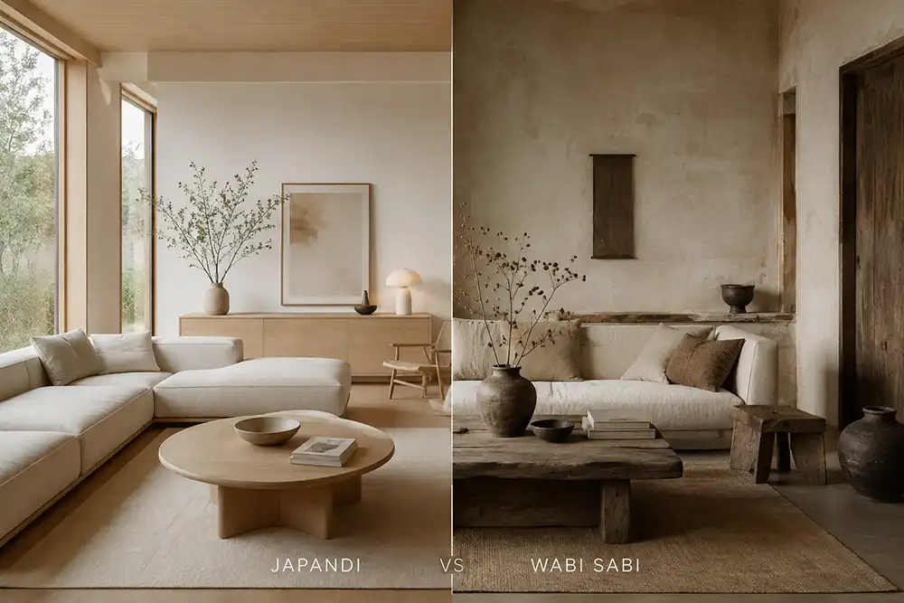 japandi en wabi sabi interieur naast elkaar
