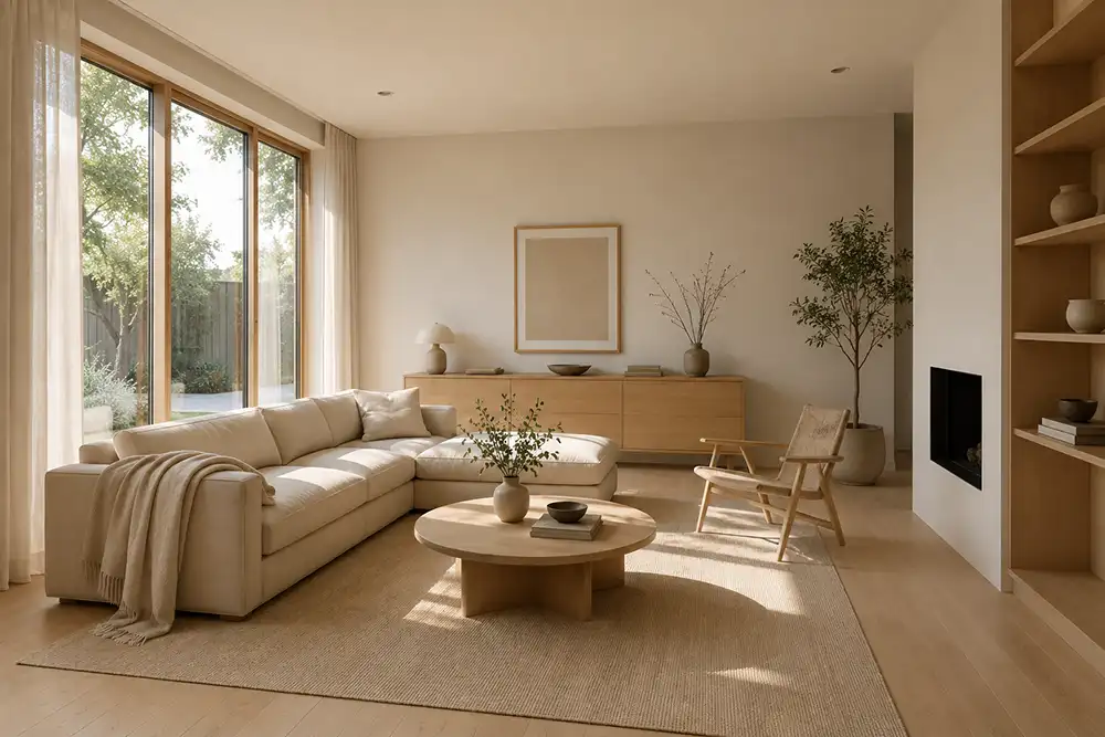 japandi woonkamer met lichte houten meubels