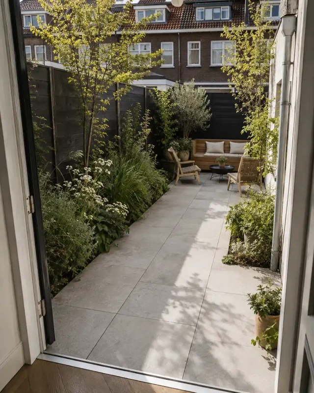 kleine achtertuin met grote tegels groene borders en zithoek