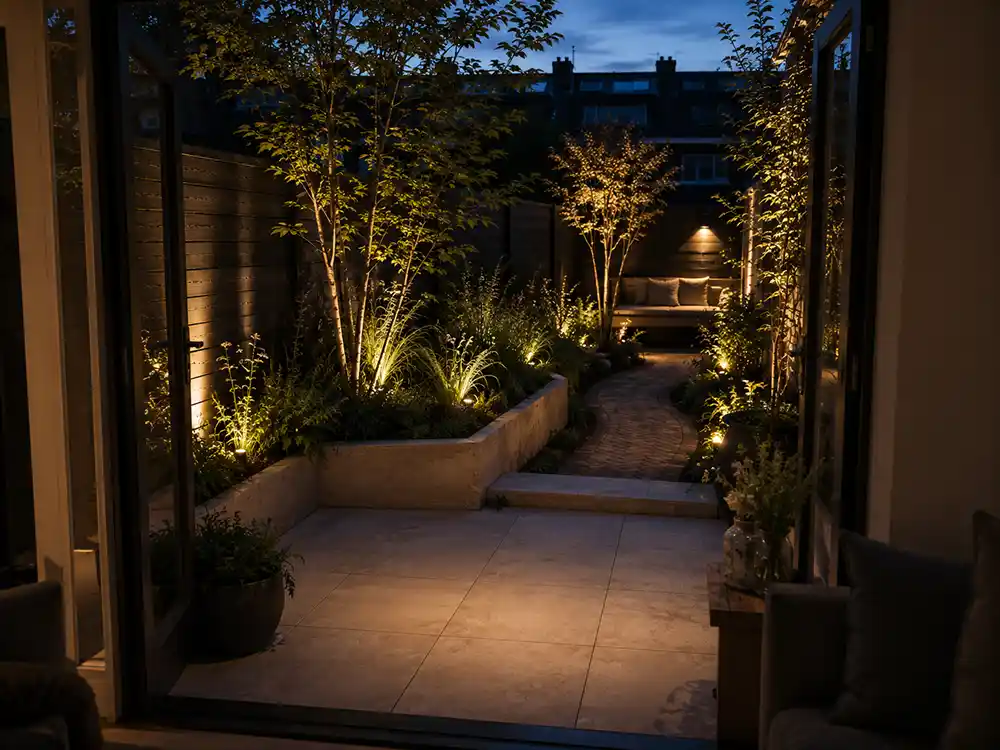 kleine achtertuin met warme tuinverlichting in de avond