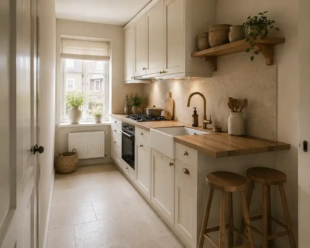 kleine landelijke keuken met lichte kasten en slimme opbergruimte