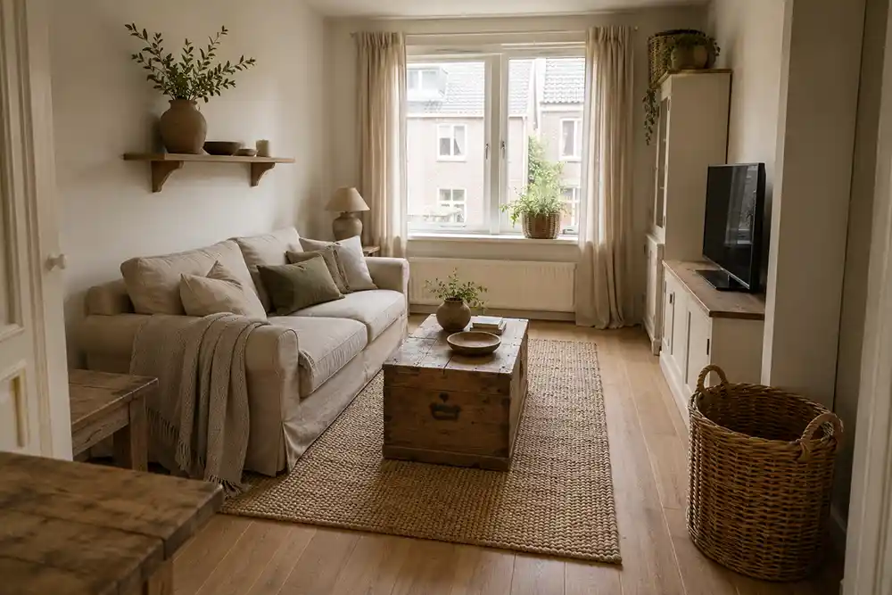 kleine landelijke woonkamer met lichte kleuren en slimme opbergruimte