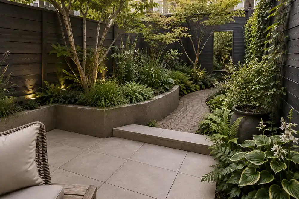kleine tuin met hoogteverschillen borders en gebogen tuinpad
