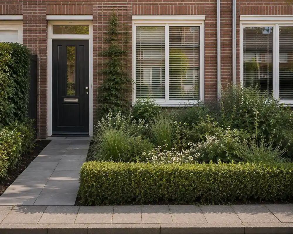 kleine voortuin bij rijtjeshuis met border en klimplant