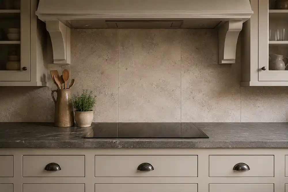 landelijke keuken met achterwand in natuurlijke steenlook