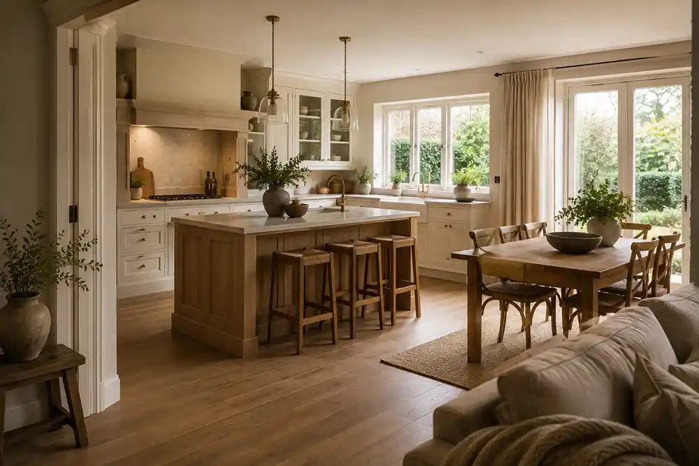 landelijke keuken met houten eiland en lichte kaderfronten