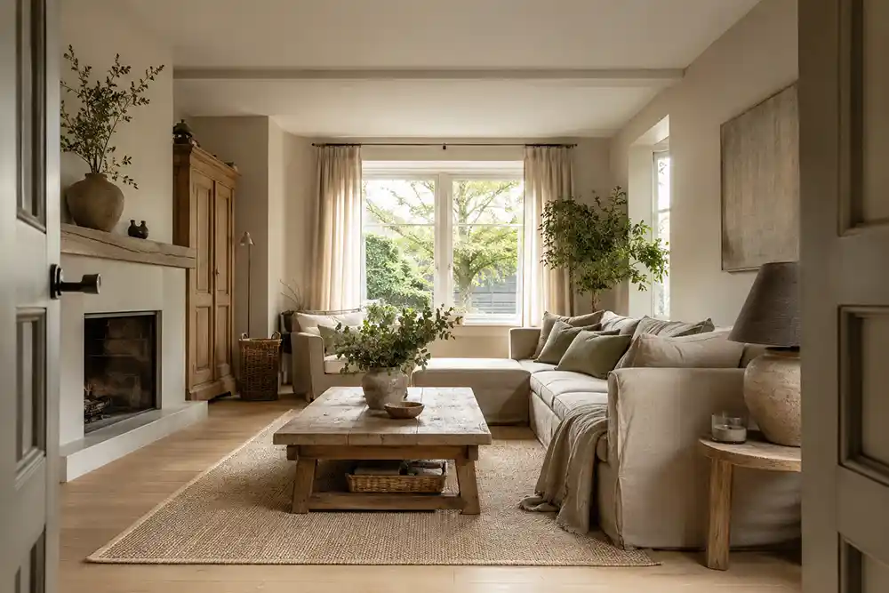 lichte landelijke woonkamer met houten meubels en natuurlijke materialen