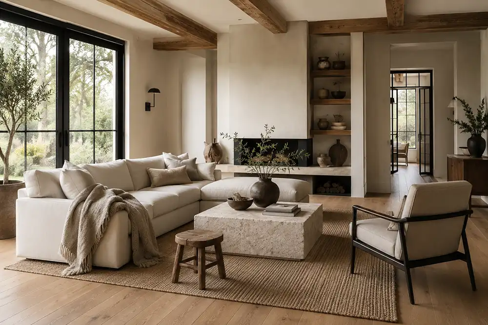 modern landelijk interieur woonkamer met natuurlijke materialen