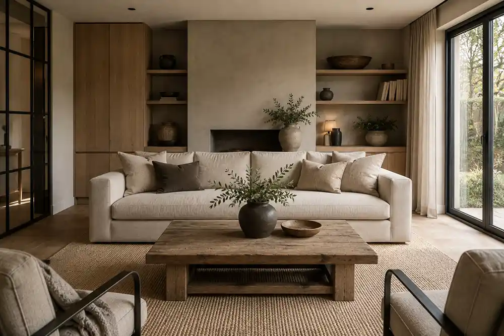 modern landelijke woonkamer met hout en rustige strakke lijnen