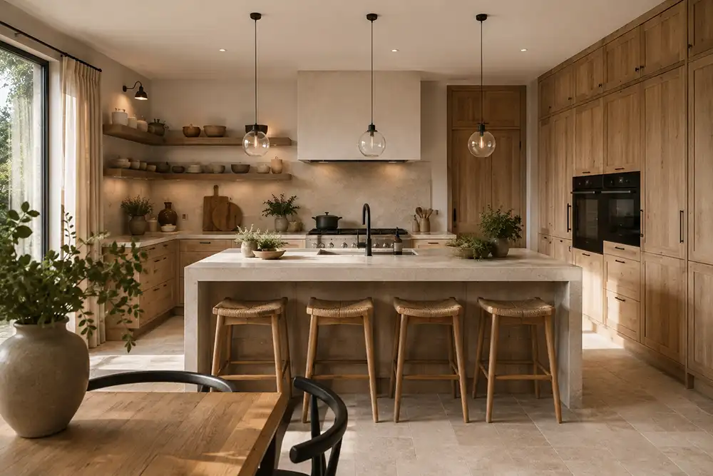 moderne landelijke keuken met houten fronten