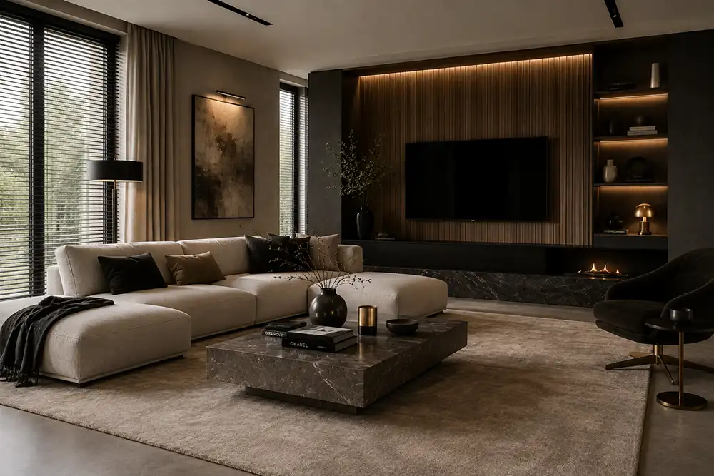 moderne woonkamer met subtiele hotel chique uitstraling