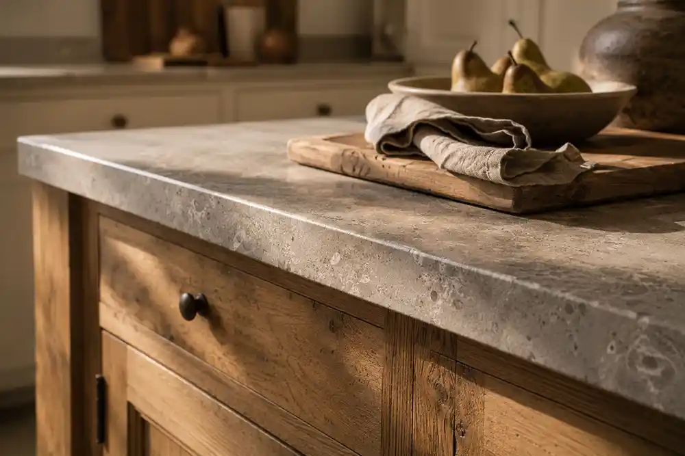 natuurstenen werkblad gecombineerd met hout in landelijke keuken