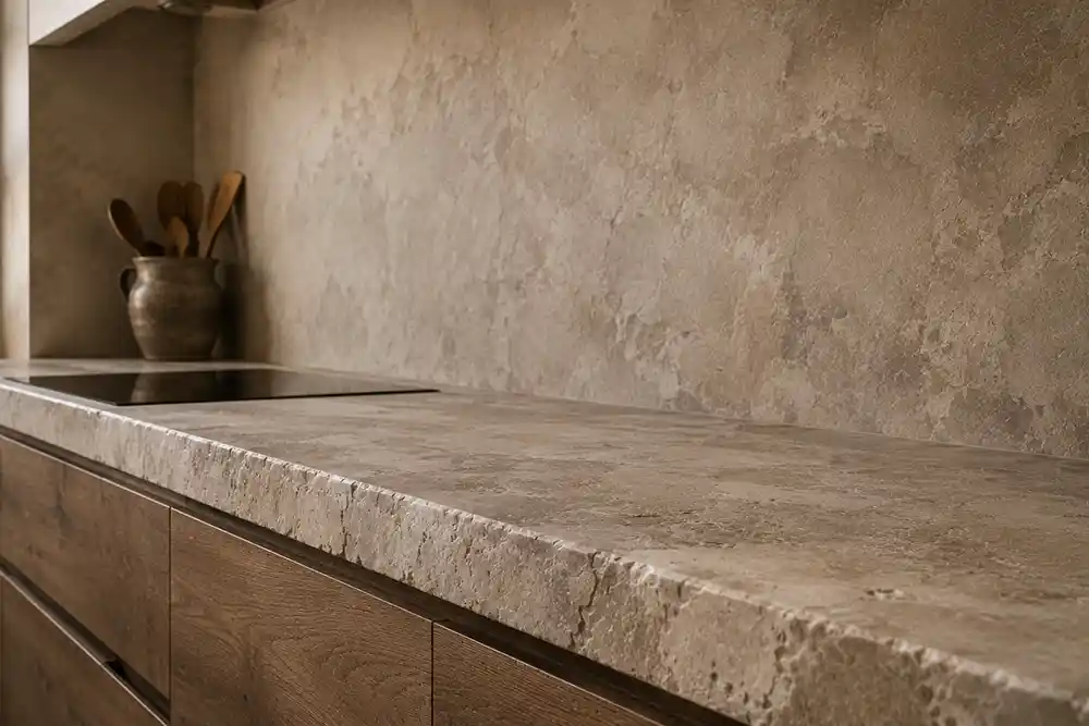 natuurstenen werkblad met matte achterwand in wabi sabi keuken