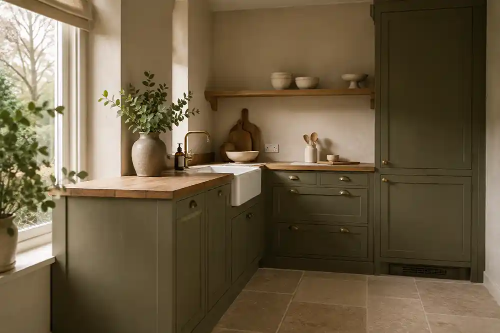 olijfgroene landelijke keuken met houten werkblad