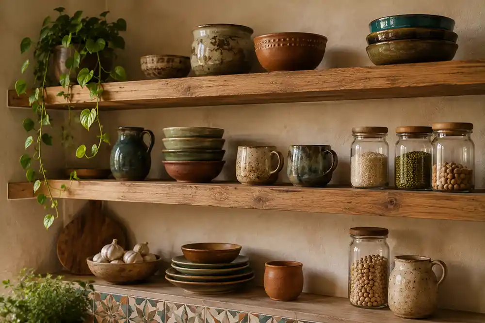 open keukenplanken met kleurrijk keramiek en houten accessoires