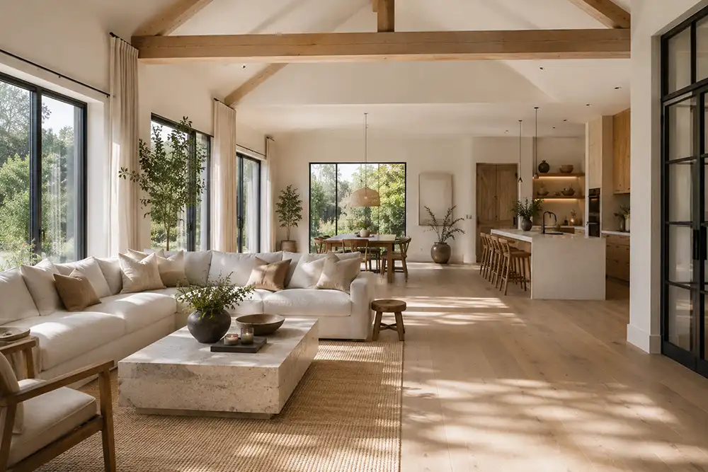 open modern landelijk interieur met veel daglicht