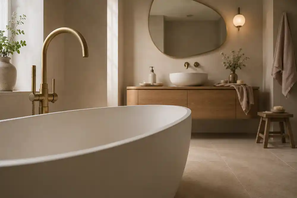 ovaal vrijstaand bad met ronde vormen in romantische badkamer