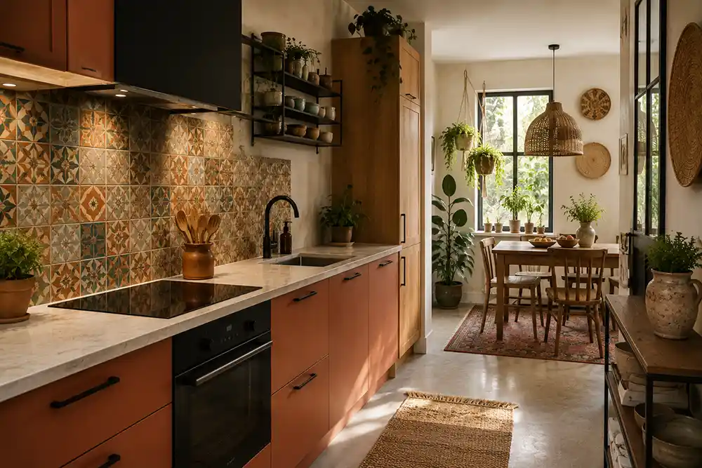 praktische bohemian keuken met zwarte accenten en kleurrijke tegels