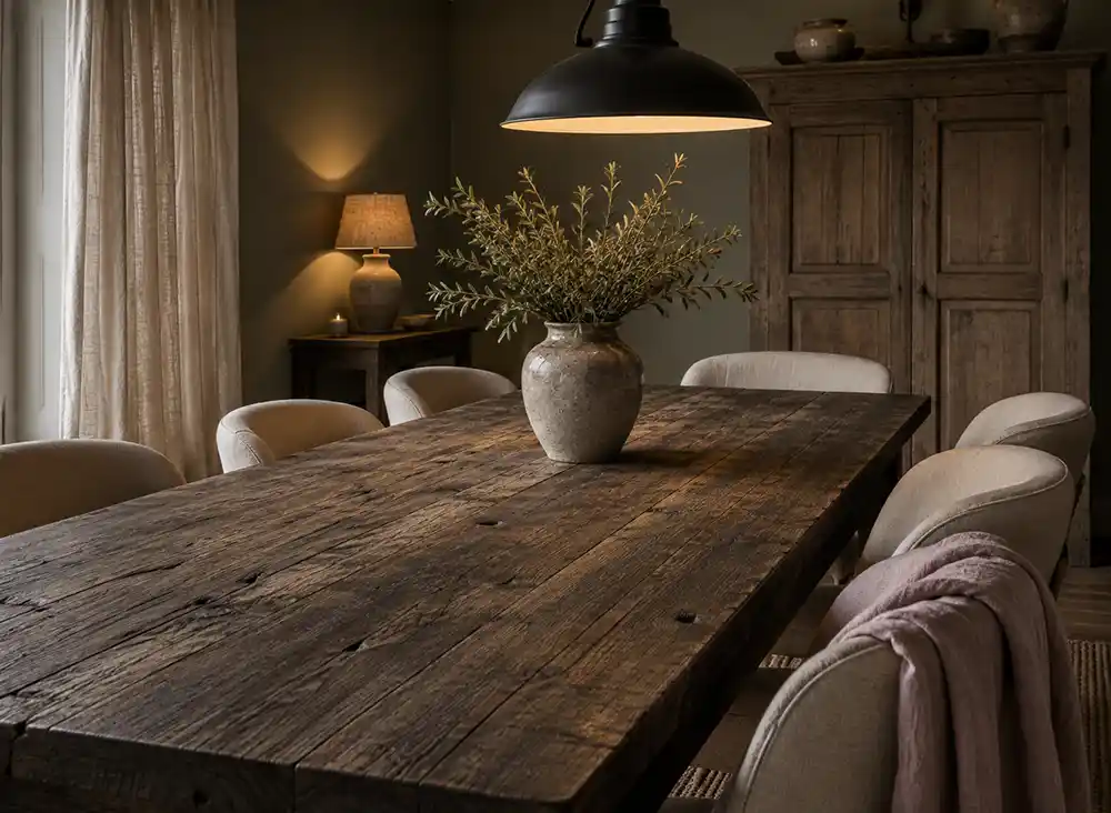 robuuste houten tafel in zacht romantisch landelijk interieur