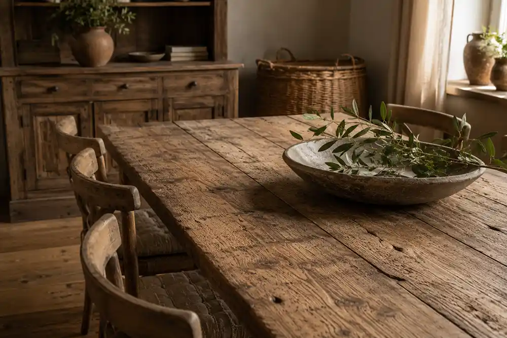 robuuste houten tafel met natuurlijke materialen in landelijk interieur