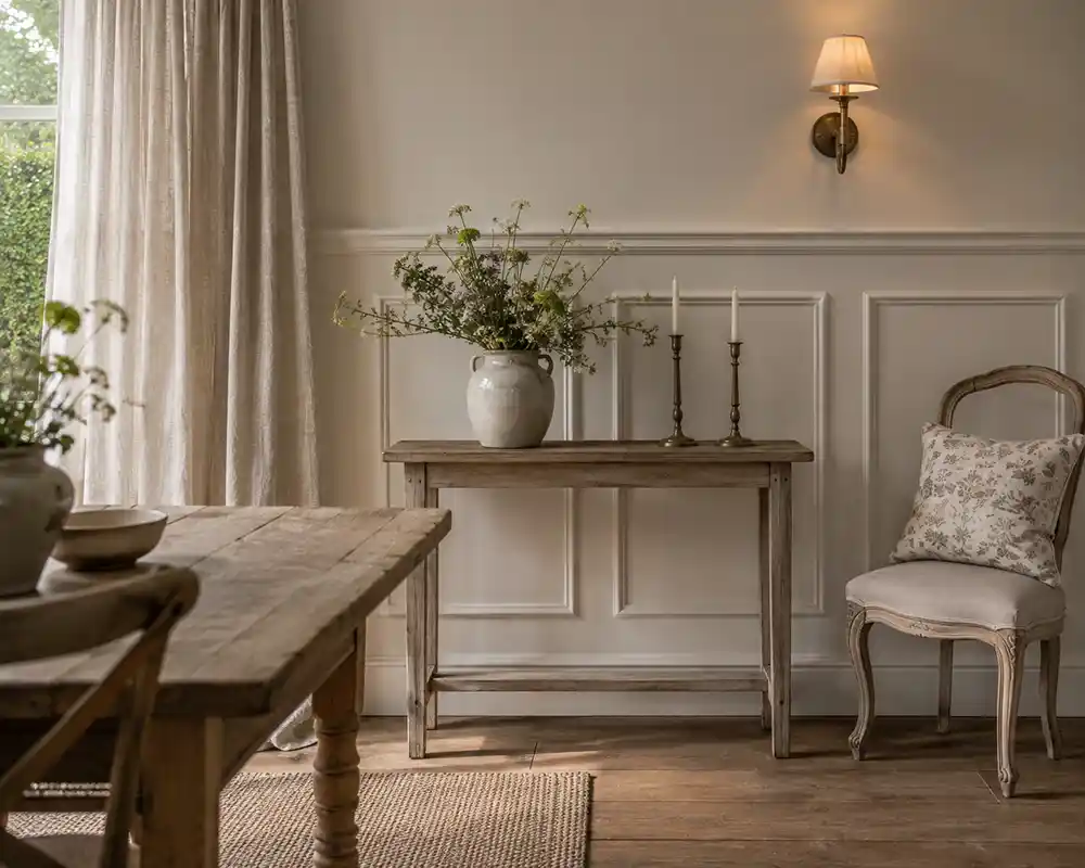 romantisch landelijke kamer met lambrisering en linnen gordijnen