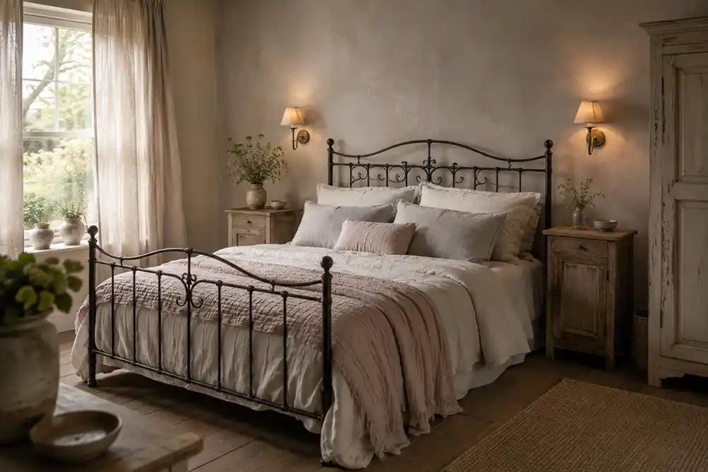 romantisch landelijke slaapkamer met smeedijzeren bed en linnen